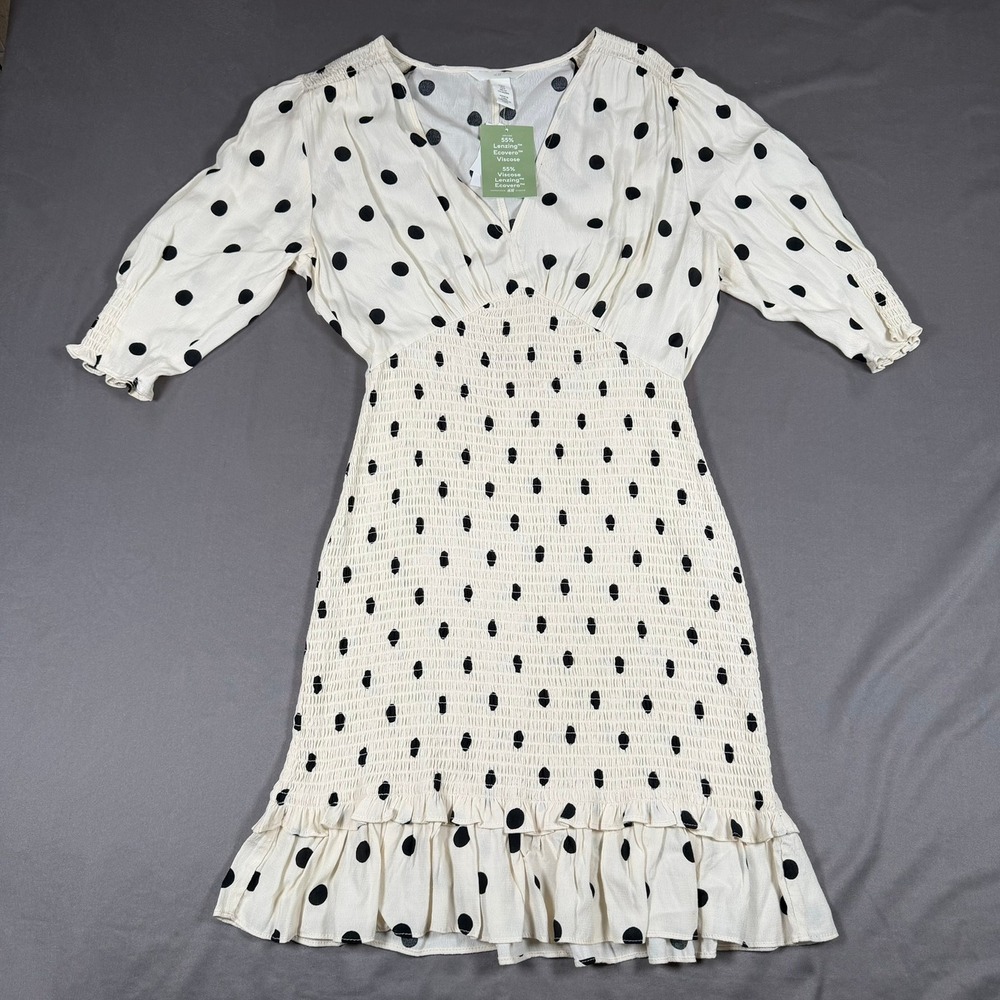 H&M Conscious Polka Dot Dress Womens S Cream Black Smocked Mini Casual Brunch